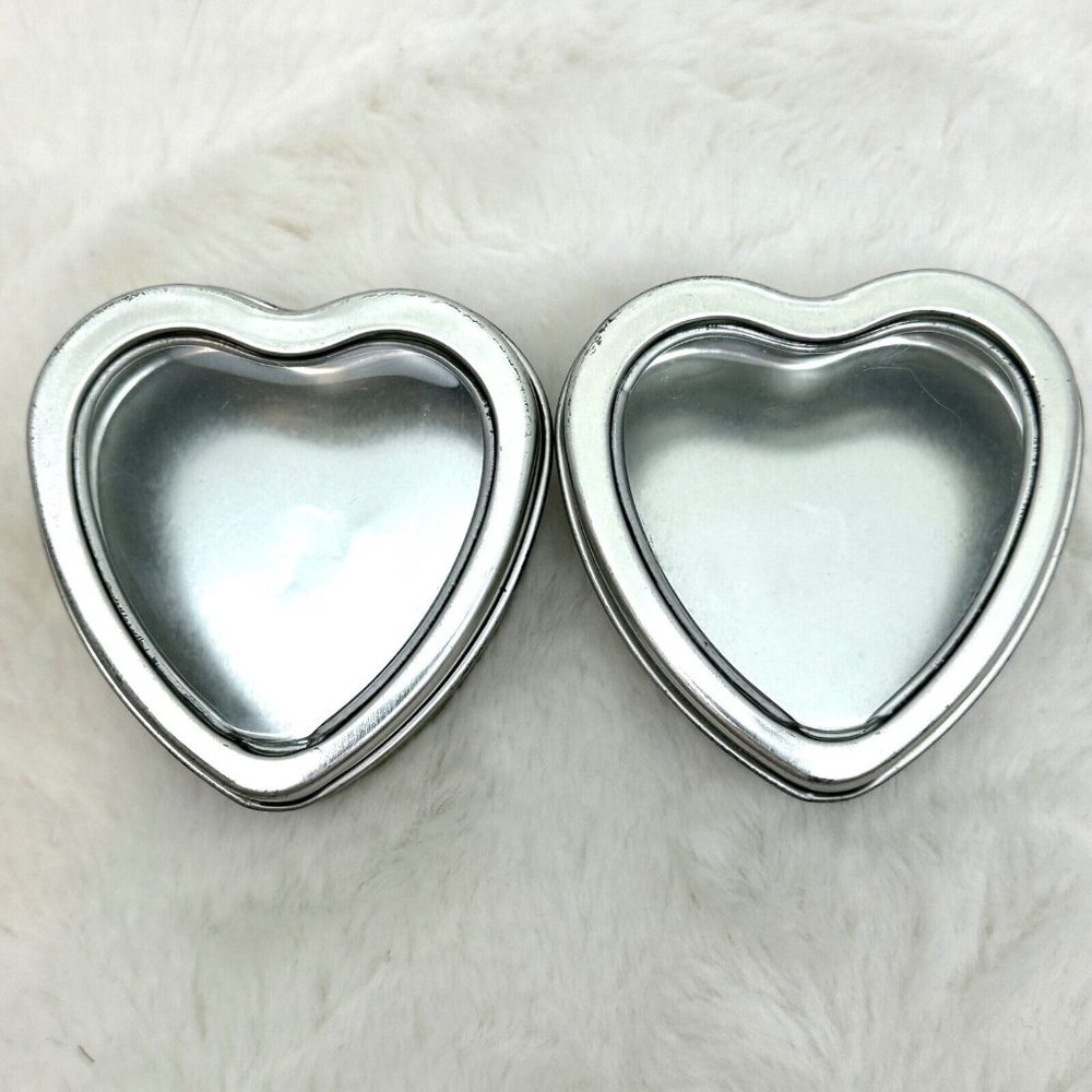 Two (2) Heart Shape Tin Boxes w/Clear Lids 2" x 2" x 1"